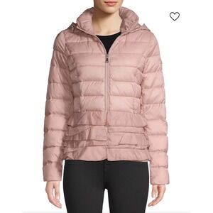 Tahari Women L Pink Ruffle Hooded Puffer Jacket Premium Lightweight Insulation l